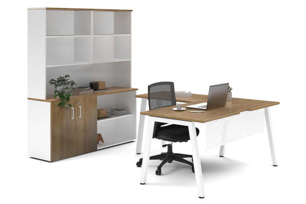 Quadro A Legs L-Shaped Executive Setting - White Legs [1600L x 1700W]-salvage oak uniform 2 door + open bookcase open hutch