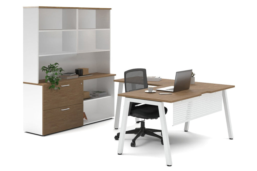 Quadro A Legs L-Shaped Executive Setting - White Legs [1600L x 1800W with Cable Scallop]-salvage oak lateral 2 drawer + open bookcase open hutch