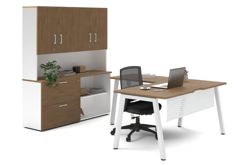 Quadro A Legs L-Shaped Executive Setting - White Legs [1600L x 1800W with Cable Scallop]-salvage oak lateral 2 drawer + open bookcase closed hutch