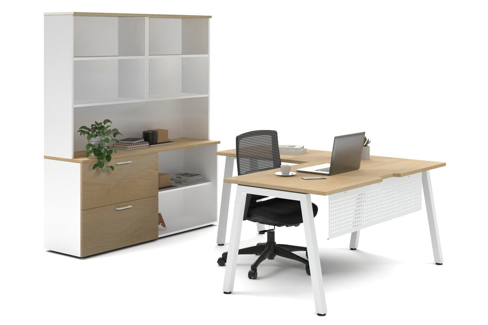 Quadro A Legs L-Shaped Executive Setting - White Legs [1600L x 1800W with Cable Scallop]-maple lateral 2 drawer + open bookcase open hutch