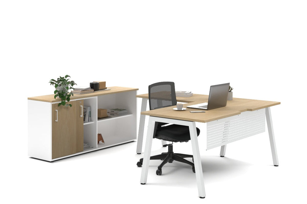 Quadro A Legs L-Shaped Executive Setting - White Legs [1600L x 1800W with Cable Scallop]-maple sliding 2 door + open bookcase none