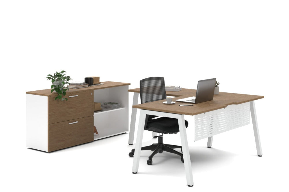 Quadro A Legs L-Shaped Executive Setting - White Legs [1600L x 1800W with Cable Scallop]-salvage oak lateral 2 drawer + open bookcase none