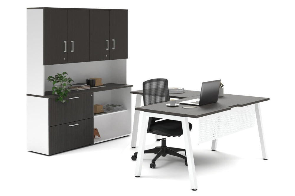 Quadro A Legs L-Shaped Executive Setting - White Legs [1600L x 1800W with Cable Scallop]-dark oak lateral 2 drawer + open bookcase closed hutch