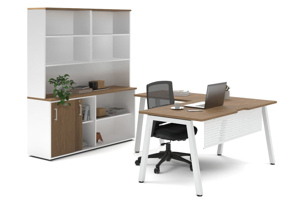 Quadro A Legs L-Shaped Executive Setting - White Legs [1600L x 1800W with Cable Scallop]-salvage oak sliding 2 door + open bookcase open hutch