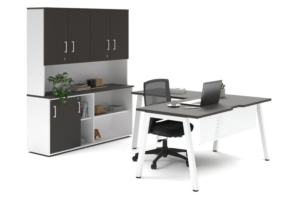 Quadro A Legs L-Shaped Executive Setting - White Legs [1600L x 1800W with Cable Scallop]-dark oak sliding 2 door + open bookcase closed hutch