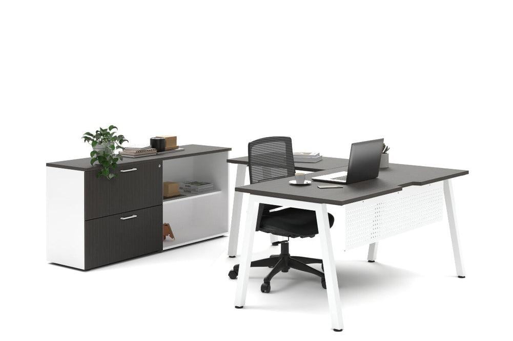 Quadro A Legs L-Shaped Executive Setting - White Legs [1600L x 1800W with Cable Scallop]-dark oak lateral 2 drawer + open bookcase none