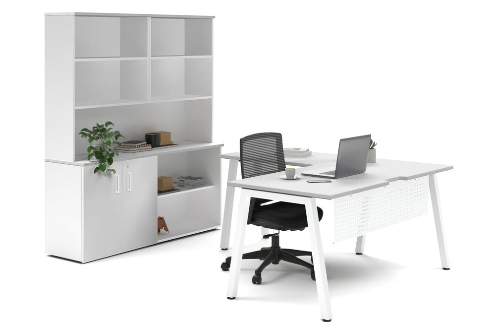 Quadro A Legs L-Shaped Executive Setting - White Legs [1600L x 1800W with Cable Scallop]-white uniform 2 door + open bookcase open hutch