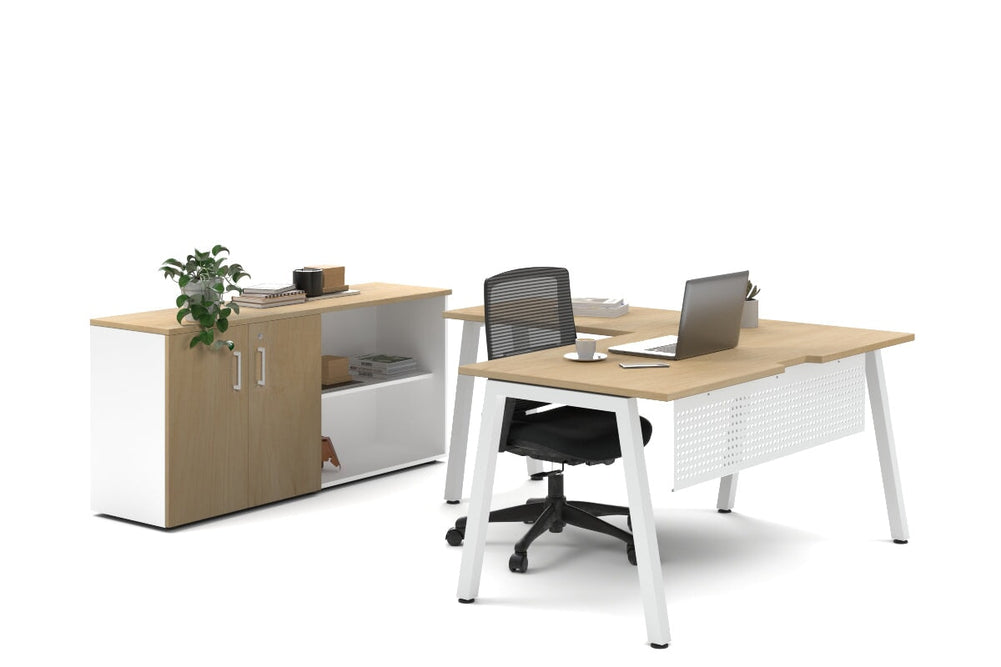 Quadro A Legs L-Shaped Executive Setting - White Legs [1600L x 1800W with Cable Scallop]-maple uniform 2 door + open bookcase none