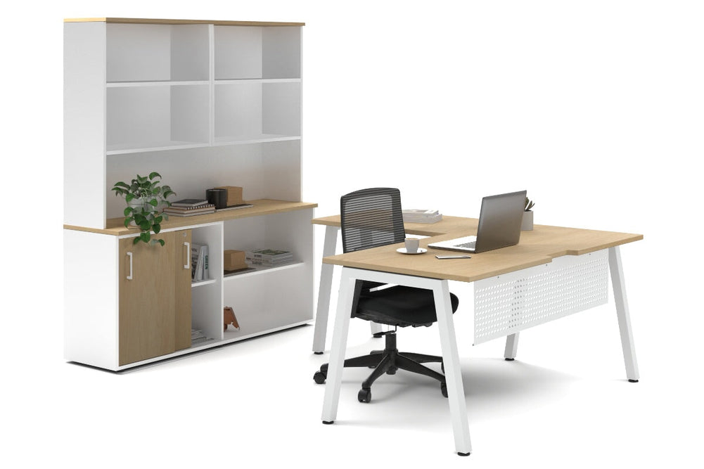 Quadro A Legs L-Shaped Executive Setting - White Legs [1600L x 1800W with Cable Scallop]-maple sliding 2 door + open bookcase open hutch