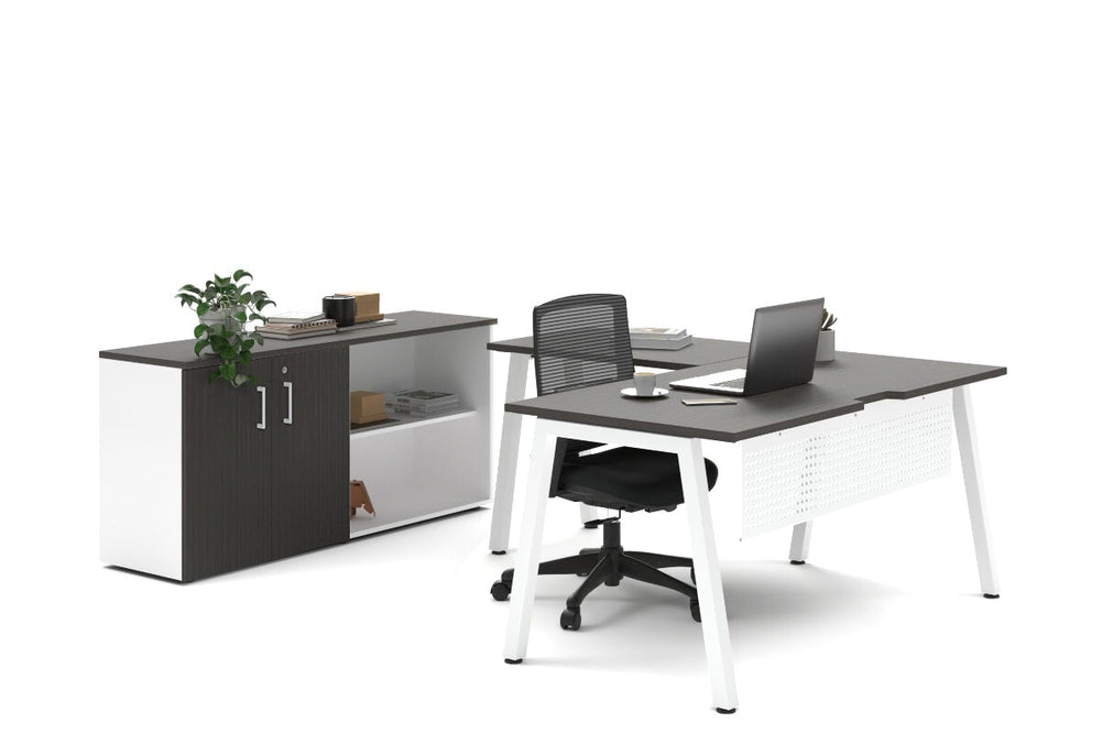 Quadro A Legs L-Shaped Executive Setting - White Legs [1600L x 1800W with Cable Scallop]-dark oak uniform 2 door + open bookcase none