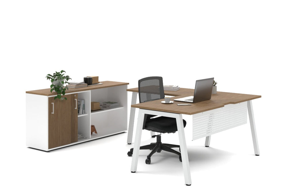Quadro A Legs L-Shaped Executive Setting - White Legs [1600L x 1800W with Cable Scallop]-salvage oak sliding 2 door + open bookcase none