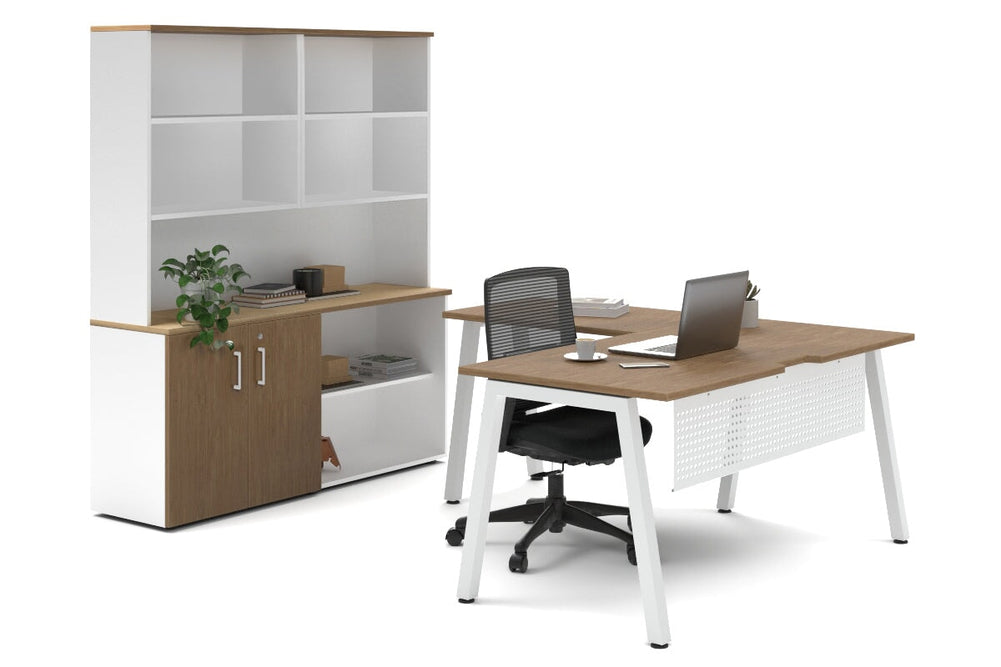 Quadro A Legs L-Shaped Executive Setting - White Legs [1600L x 1800W with Cable Scallop]-salvage oak uniform 2 door + open bookcase open hutch