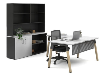 Quadro A Legs L-Shaped Executive Setting - Wood Legs Black Cross Beam [1600L x 1700W] Jasonl white uniform 2 door + open bookcase open hutch