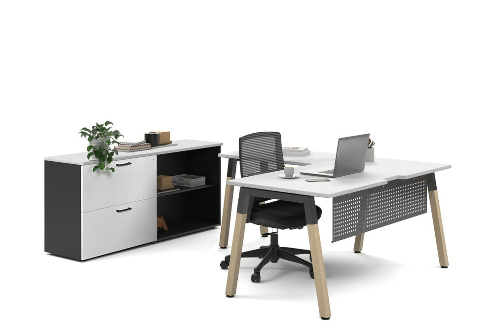 Quadro A Legs L-Shaped Executive Setting - Wood Legs Black Cross Beam [1600L x 1800W with Cable Scallop]-white lateral 2 drawer + open bookcase none