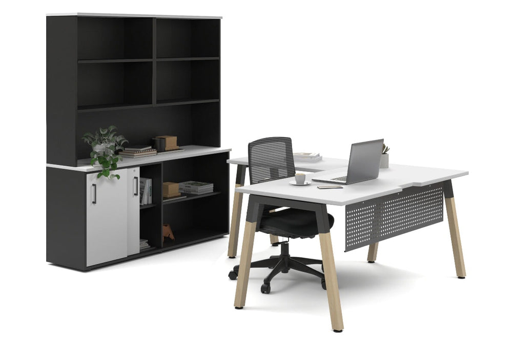 Quadro A Legs L-Shaped Executive Setting - Wood Legs Black Cross Beam [1600L x 1800W with Cable Scallop]-white sliding 2 door + open bookcase open hutch