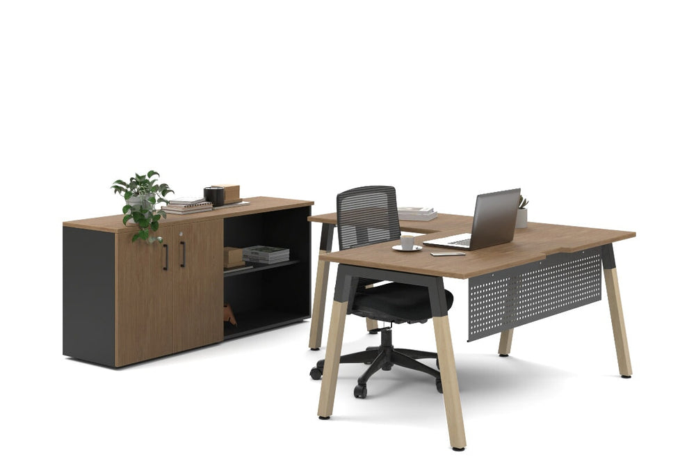 Quadro A Legs L-Shaped Executive Setting - Wood Legs Black Cross Beam [1600L x 1700W]-salvage oak uniform 2 door + open bookcase none