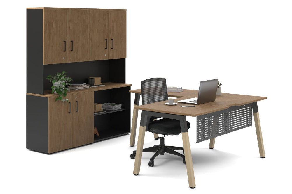 Quadro A Legs L-Shaped Executive Setting - Wood Legs Black Cross Beam [1600L x 1700W]-salvage oak uniform 2 door + open bookcase closed hutch