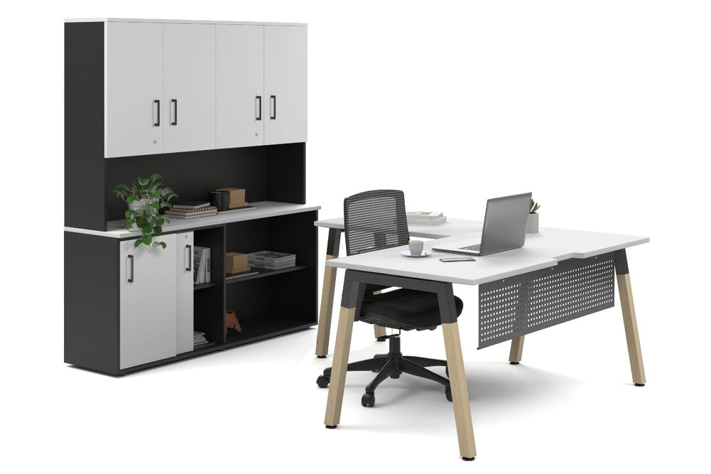 Quadro A Legs L-Shaped Executive Setting - Wood Legs Black Cross Beam [1600L x 1800W with Cable Scallop]-white sliding 2 door + open bookcase closed hutch