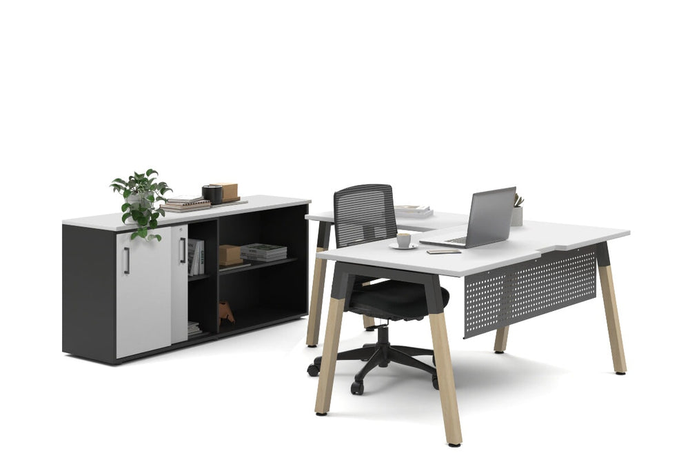 Quadro A Legs L-Shaped Executive Setting - Wood Legs Black Cross Beam [1600L x 1800W with Cable Scallop]-white sliding 2 door + open bookcase none
