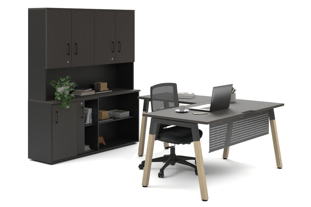 Quadro A Legs L-Shaped Executive Setting - Wood Legs Black Cross Beam [1600L x 1800W with Cable Scallop]-dark oak sliding 2 door + open bookcase closed hutch