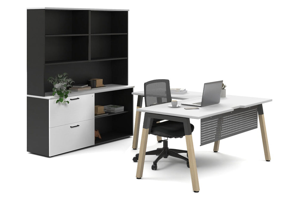 Quadro A Legs L-Shaped Executive Setting - Wood Legs Black Cross Beam [1600L x 1800W with Cable Scallop]-white lateral 2 drawer + open bookcase open hutch