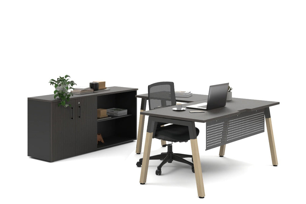 Quadro A Legs L-Shaped Executive Setting - Wood Legs Black Cross Beam [1600L x 1800W with Cable Scallop]-dark oak uniform 2 door + open bookcase none