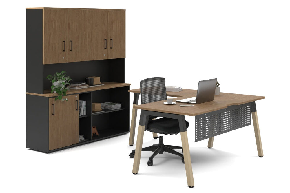 Quadro A Legs L-Shaped Executive Setting - Wood Legs Black Cross Beam [1600L x 1700W]-salvage oak sliding 2 door + open bookcase closed hutch