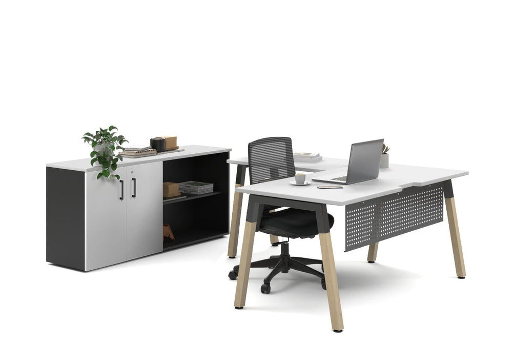 Quadro A Legs L-Shaped Executive Setting - Wood Legs Black Cross Beam [1600L x 1800W with Cable Scallop]-white uniform 2 door + open bookcase none