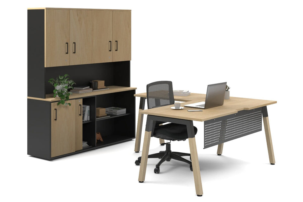 Quadro A Legs L-Shaped Executive Setting - Wood Legs Black Cross Beam [1600L x 1700W]-maple sliding 2 door + open bookcase closed hutch