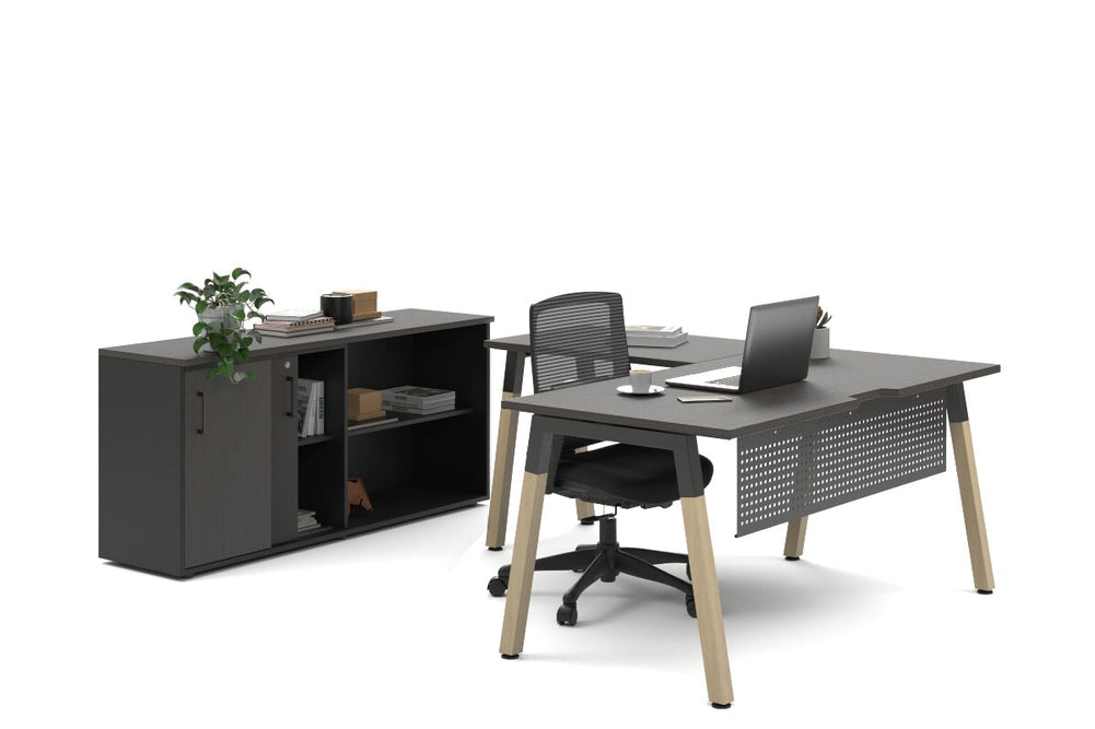Quadro A Legs L-Shaped Executive Setting - Wood Legs Black Cross Beam [1800L x 1800W with Cable Scallop]-dark oak sliding 2 door + open bookcase none