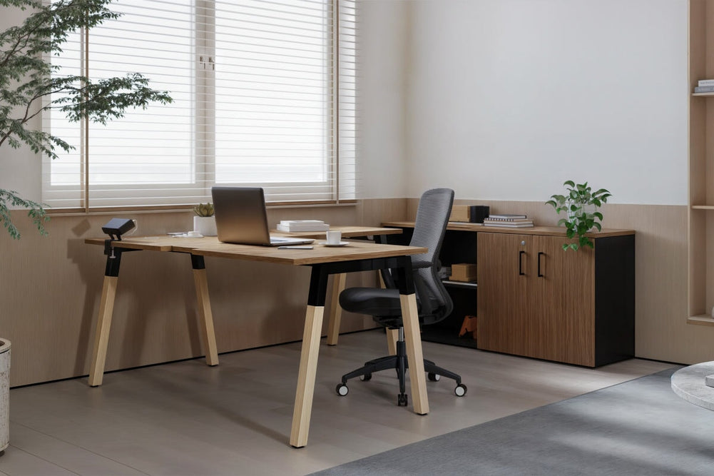 Quadro A Legs L-Shaped Executive Setting - Wood Legs Black Cross Beam [1600L x 1700W]-dark oak sliding 2 door + open bookcase closed hutch