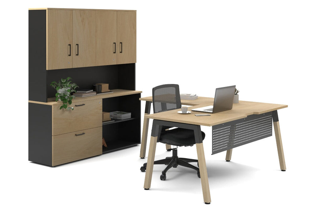 Quadro A Legs L-Shaped Executive Setting - Wood Legs Black Cross Beam [1600L x 1700W]-maple lateral 2 drawer + open bookcase closed hutch