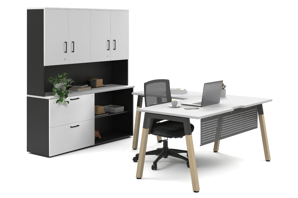 Quadro A Legs L-Shaped Executive Setting - Wood Legs Black Cross Beam [1800L x 1800W with Cable Scallop]-white lateral 2 drawer + open bookcase closed hutch