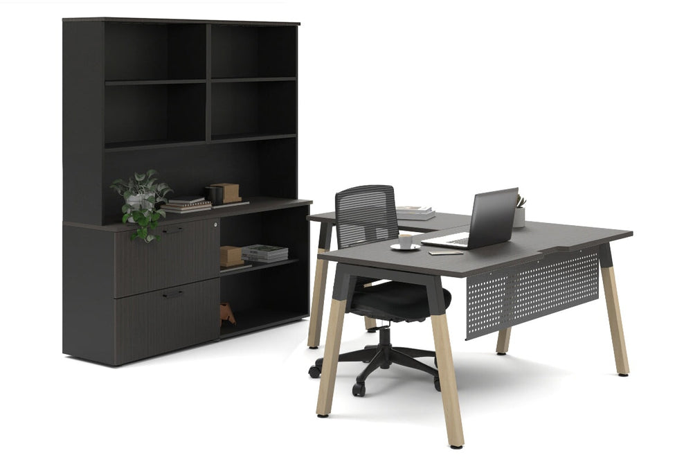 Quadro A Legs L-Shaped Executive Setting - Wood Legs Black Cross Beam [1800L x 1800W with Cable Scallop]-dark oak lateral 2 drawer + open bookcase open hutch