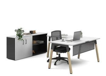 Quadro A Legs L-Shaped Executive Setting - Wood Legs Black Cross Beam [1800L x 1800W with Cable Scallop] Jasonl white uniform 2 door + open bookcase none