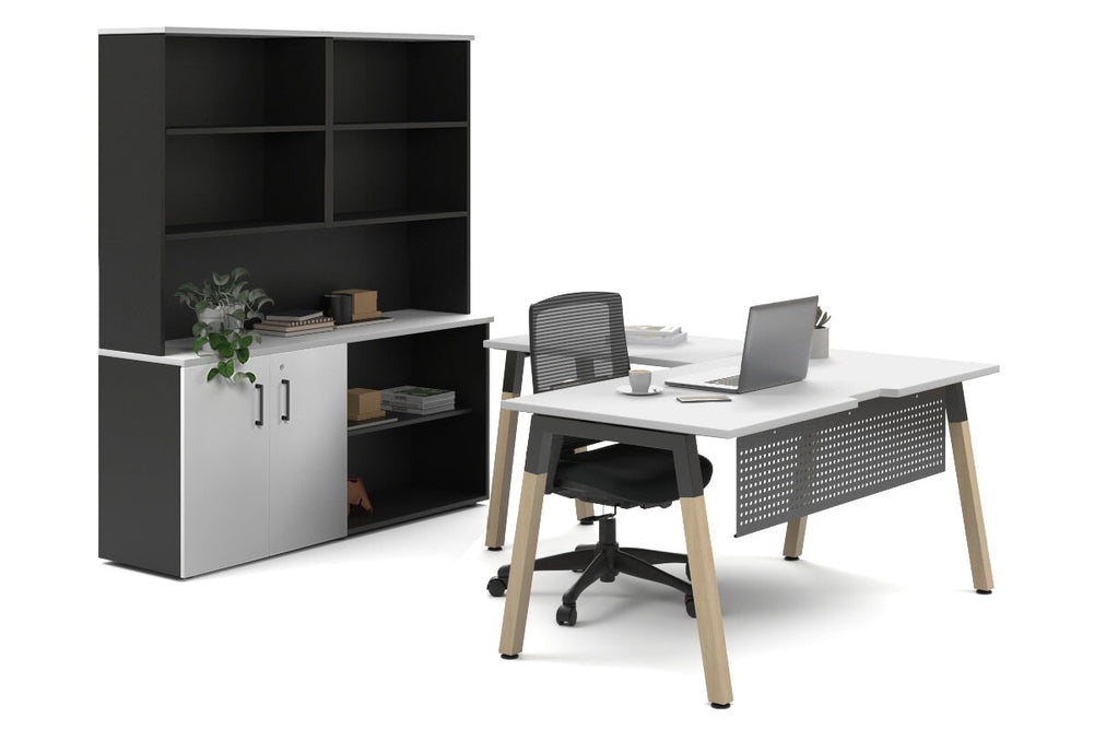Quadro A Legs L-Shaped Executive Setting - Wood Legs Black Cross Beam [1800L x 1800W with Cable Scallop]-white uniform 2 door + open bookcase open hutch
