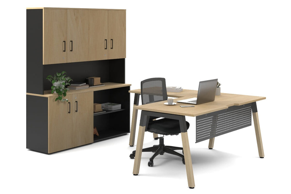 Quadro A Legs L-Shaped Executive Setting - Wood Legs Black Cross Beam [1600L x 1700W]-maple uniform 2 door + open bookcase closed hutch