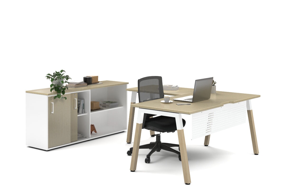 Quadro A Legs L-Shaped Executive Setting - Wood Legs White Cross Beam [1600L x 1700W]-maple sliding 2 door + open bookcase none