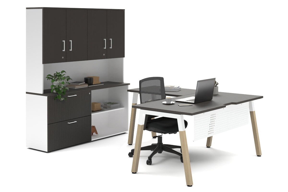 Quadro A Legs L-Shaped Executive Setting - Wood Legs White Cross Beam [1600L x 1700W]-dark oak lateral 2 drawer + open bookcase closed hutch