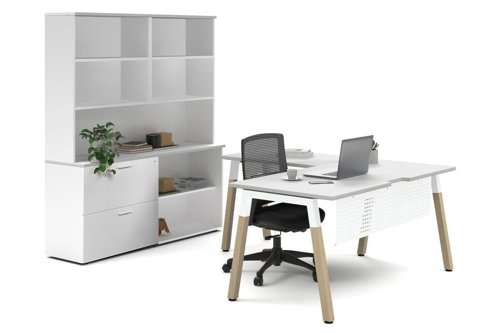 Quadro A Legs L-Shaped Executive Setting - Wood Legs White Cross Beam [1600L x 1700W]-white lateral 2 drawer + open bookcase open hutch