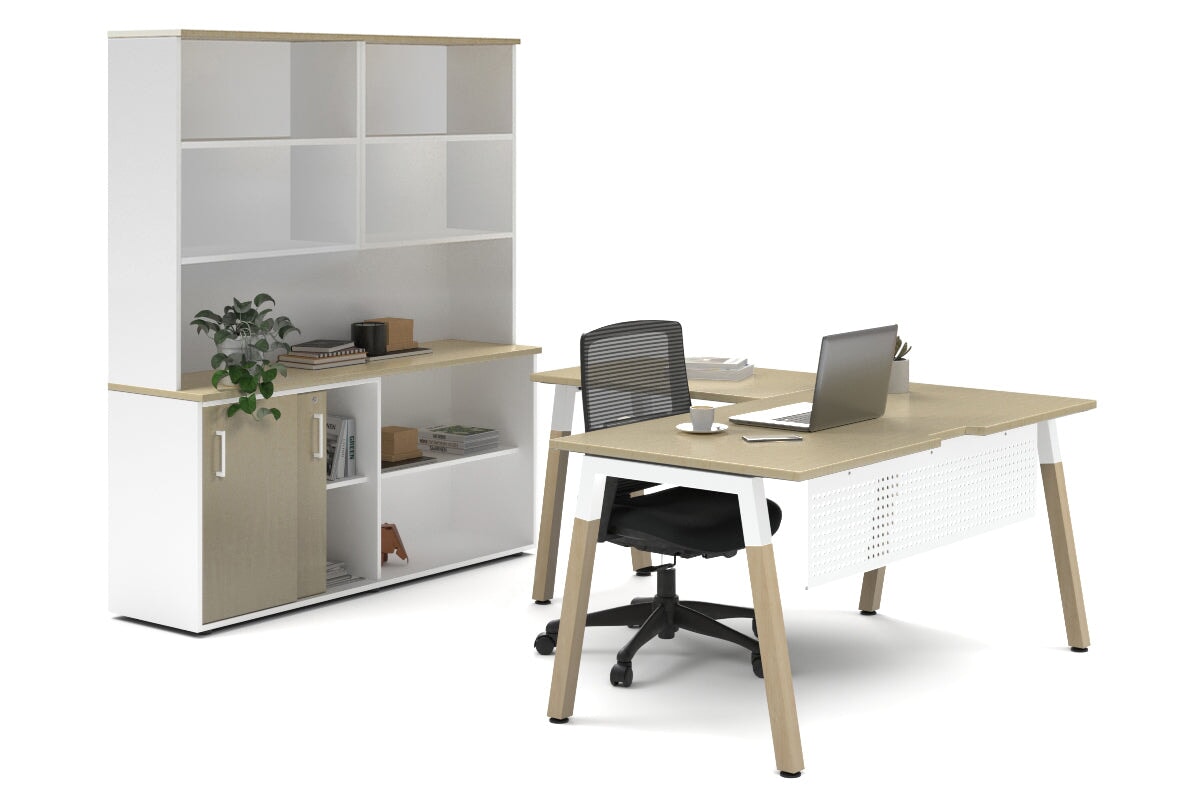 Quadro A Legs L-Shaped Executive Setting - Wood Legs White Cross Beam [1600L x 1700W]-maple sliding 2 door + open bookcase open hutch