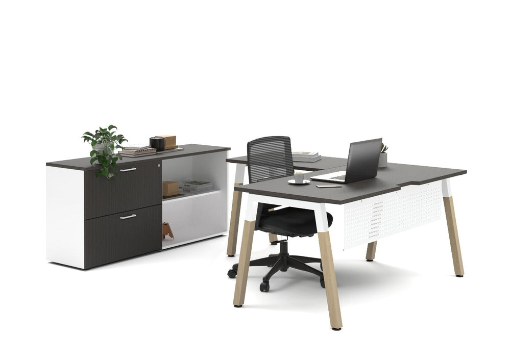 Quadro A Legs L-Shaped Executive Setting - Wood Legs White Cross Beam [1600L x 1700W]-dark oak lateral 2 drawer + open bookcase none