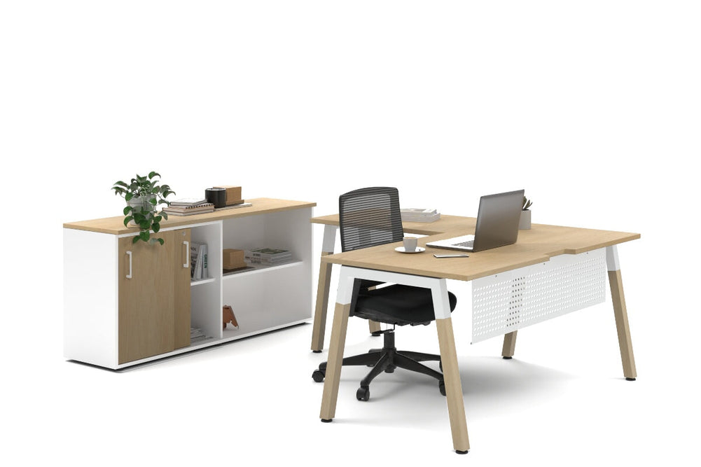 Quadro A Legs L-Shaped Executive Setting - Wood Legs White Cross Beam [1600L x 1800W with Cable Scallop]-maple sliding 2 door + open bookcase none