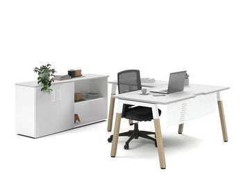 Quadro A Legs L-Shaped Executive Setting - Wood Legs White Cross Beam [1600L x 1700W] Jasonl white uniform 2 door + open bookcase none