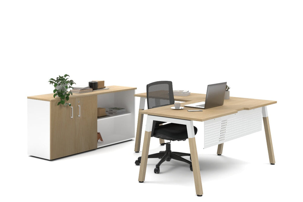 Quadro A Legs L-Shaped Executive Setting - Wood Legs White Cross Beam [1600L x 1800W with Cable Scallop]-maple uniform 2 door + open bookcase none