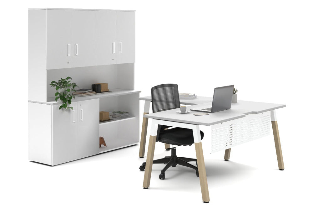 Quadro A Legs L-Shaped Executive Setting - Wood Legs White Cross Beam [1600L x 1800W with Cable Scallop]-white uniform 2 door + open bookcase closed hutch