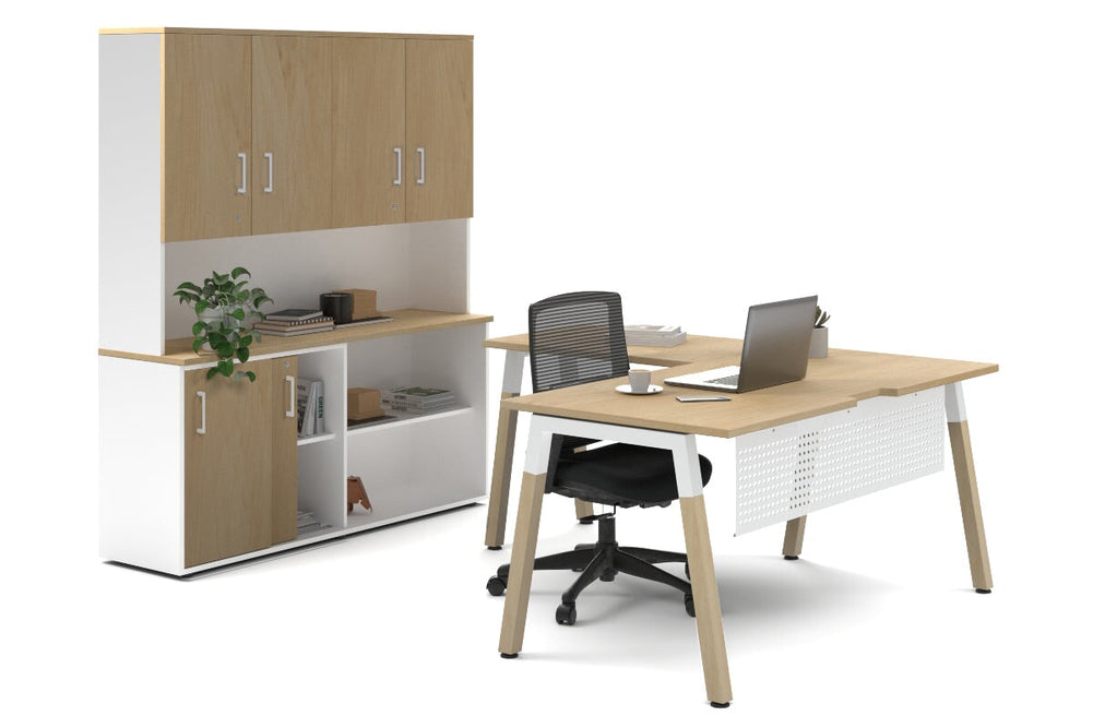 Quadro A Legs L-Shaped Executive Setting - Wood Legs White Cross Beam [1600L x 1800W with Cable Scallop]-maple sliding 2 door + open bookcase open hutch