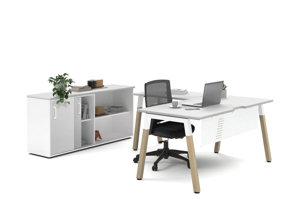 Quadro A Legs L-Shaped Executive Setting - Wood Legs White Cross Beam [1600L x 1800W with Cable Scallop]-white sliding 2 door + open bookcase none