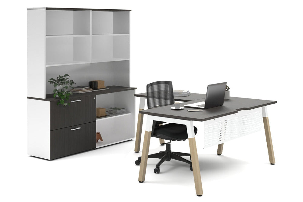 Quadro A Legs L-Shaped Executive Setting - Wood Legs White Cross Beam [1600L x 1800W with Cable Scallop]-dark oak lateral 2 drawer + open bookcase open hutch