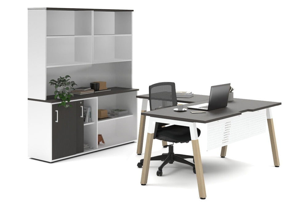 Quadro A Legs L-Shaped Executive Setting - Wood Legs White Cross Beam [1600L x 1800W with Cable Scallop]-dark oak sliding 2 door + open bookcase open hutch